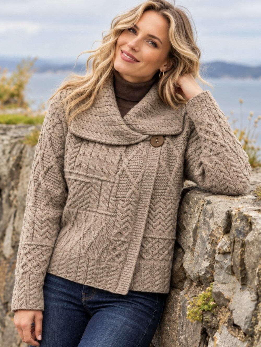 Aran Sweater Market 100% Merino Wool Cable-knit Cardigan Beige Ireland Size M